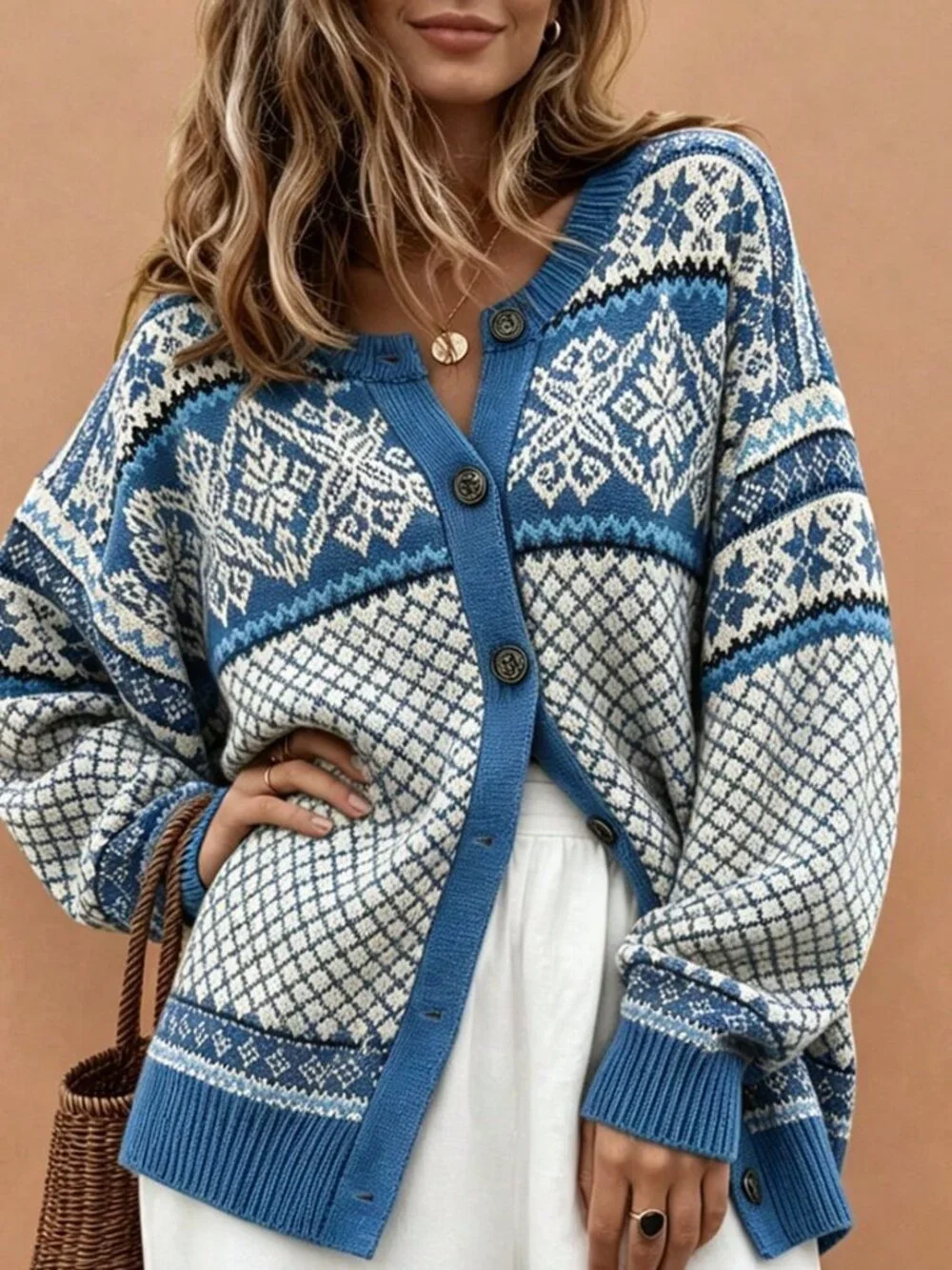 Multicolor Casual Women's Geometric Regular Button Round Neck Cardigan Sweater